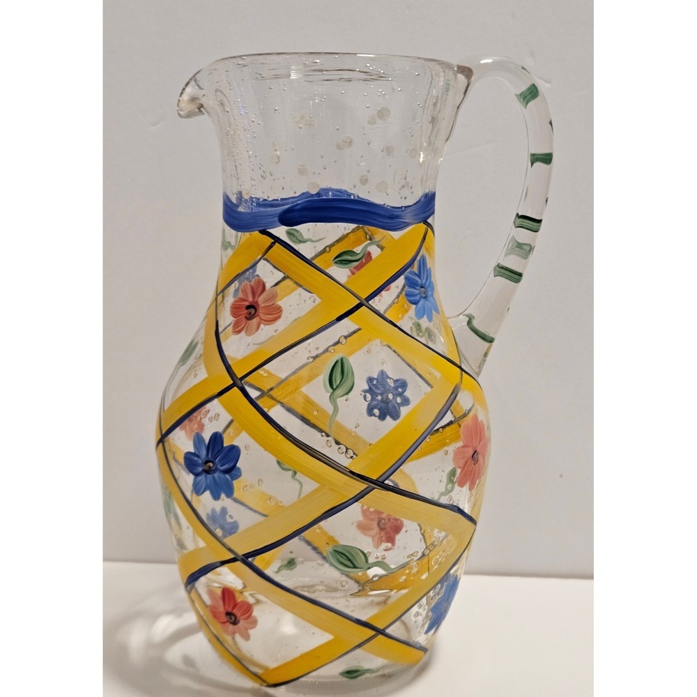 Glass Pitcher Yellow Floral Lattice Design 11" Vintage Hand Blown Painted